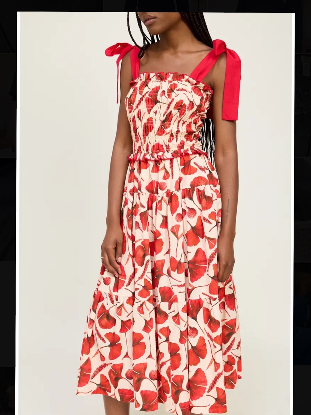 En Saison Joise Gingko Leaf Print Tiered Midi Sundress Vacation Tropical Women S